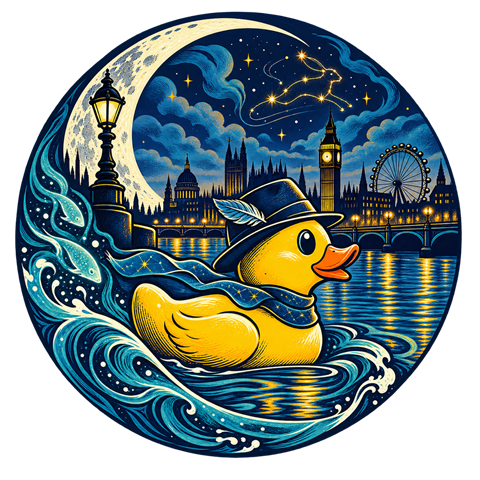 A yellow rubber duck swimming through magical London at night
